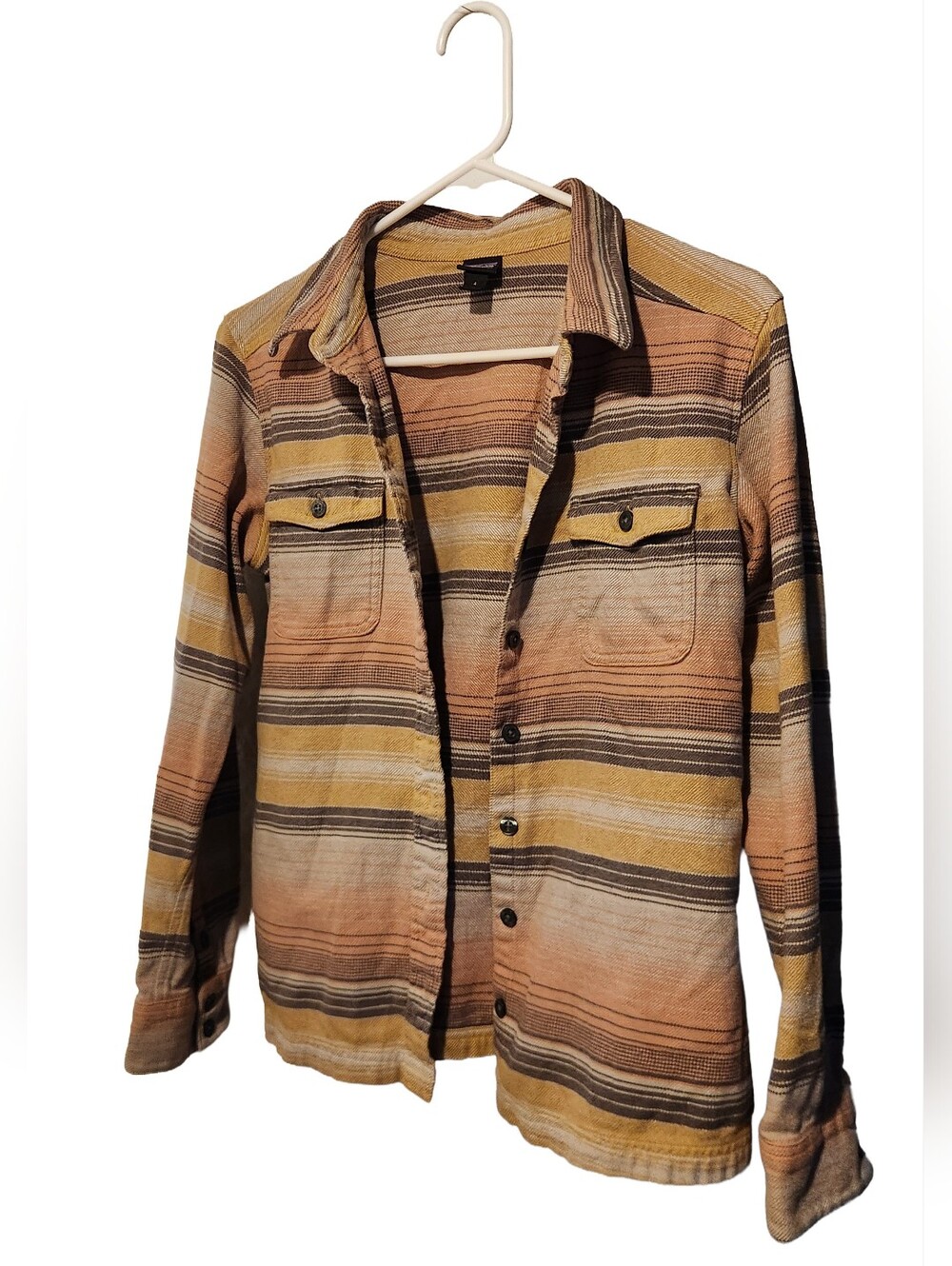 Patagonia Fjord Flannel Shirt Blanket Stripe Peach Pink Tan Cotton Women's 4